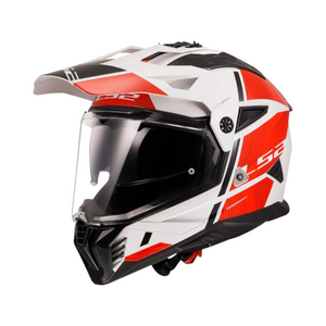 Motodrift LS2 MX436 Pioneer II dual-sport helmet in white and red with an adjustable peak and clear visor