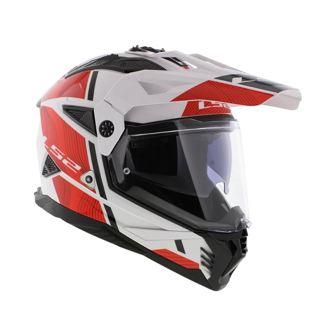 Motodrift LS2 MX436 Pioneer II dual-sport helmet in white and red with an adjustable peak and integrated sun visor