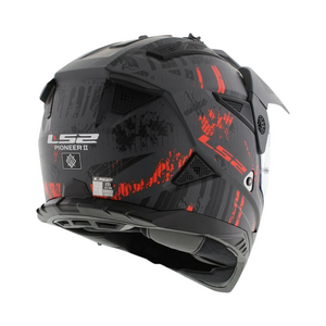Motodrift LS2 MX436 Pioneer II dual-sport helmet in gloss black and red with rear ventilation and adjustable peak