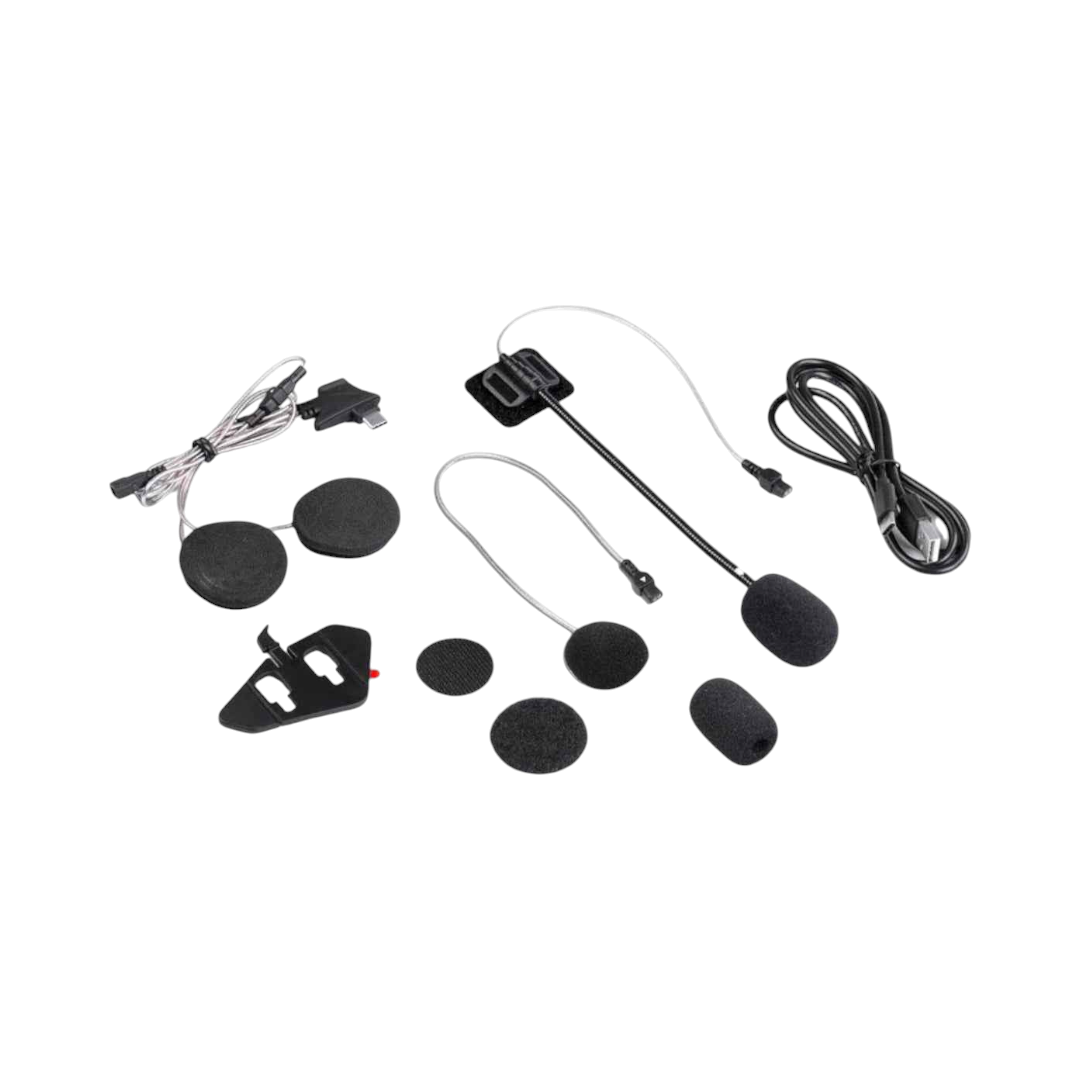 Motodrift MIDLAND BT MINI intercom accessories including speakers, microphone, mounting kit, and USB charging cable.
