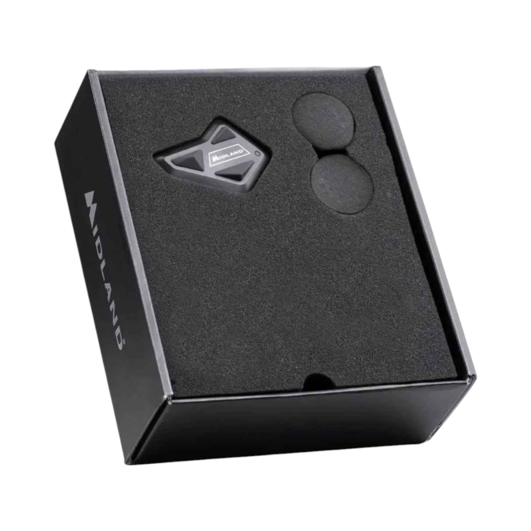 Motodrift MIDLAND BT MINI motorcycle intercom unit and speakers inside a protective foam-lined retail box