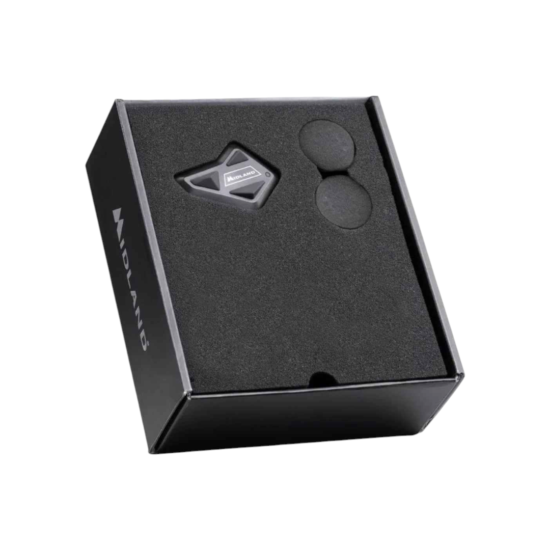 Motodrift MIDLAND BT MINI Intercom unit inside a black protective foam-lined box with speaker components