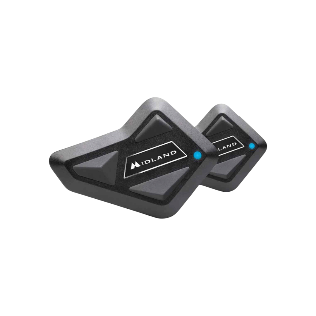 Motodrift MIDLAND BT MINI dual intercom units with black compact design and blue LED status lights for motorcycle helmets
