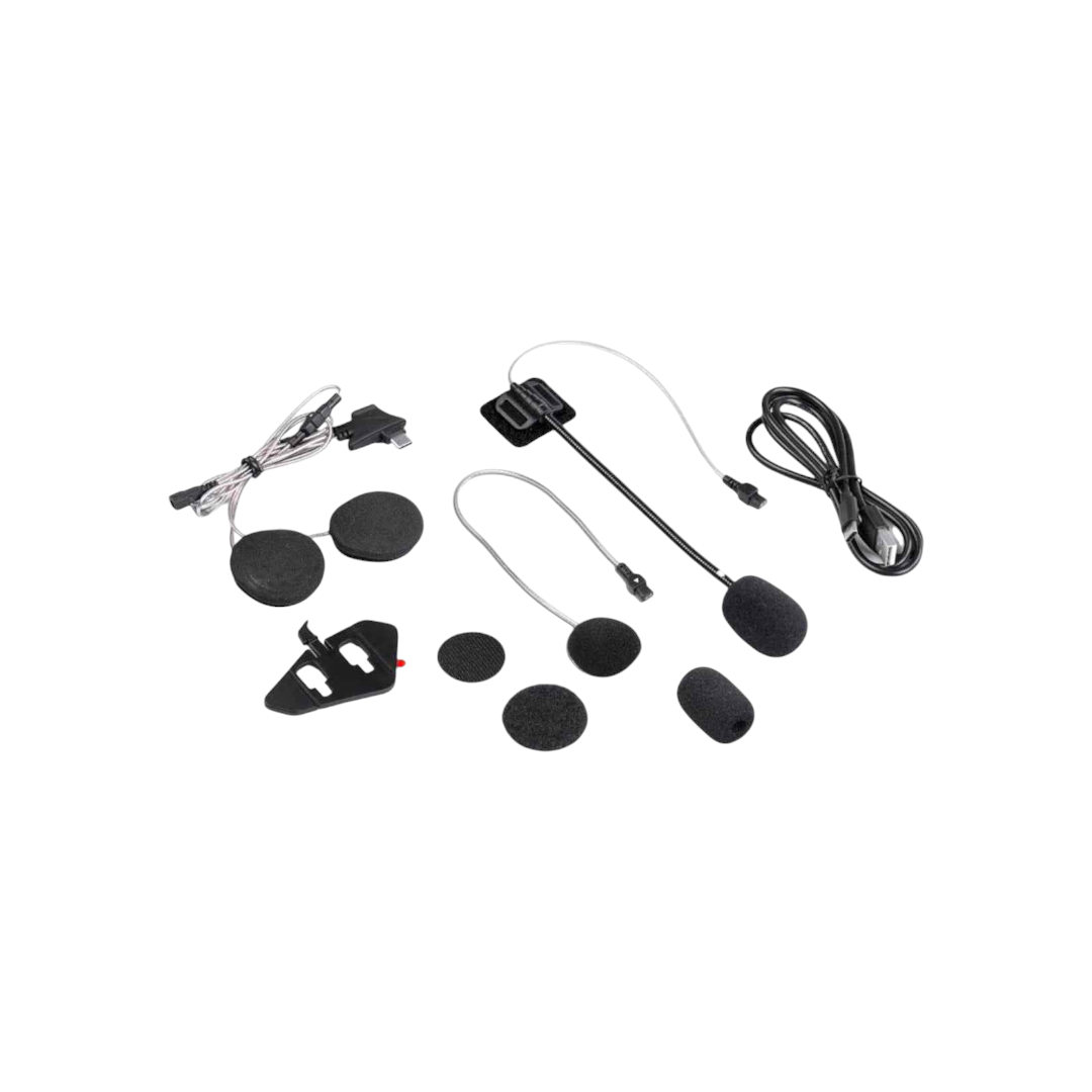 Motodrift MIDLAND BT MINI intercom headset components including speakers, boom microphone, and USB charging cable.