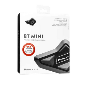 Motodrift packaging for the black MIDLAND BT MINI motorcycle Bluetooth intercom system with key feature highlights.