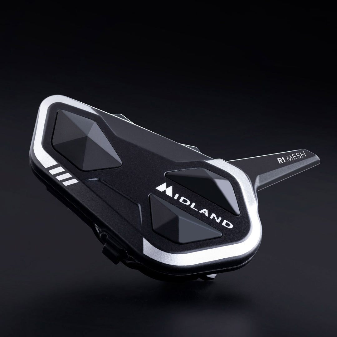 Motodrift Midland R1 Mesh helmet intercom in black with silver accents and intuitive control buttons
