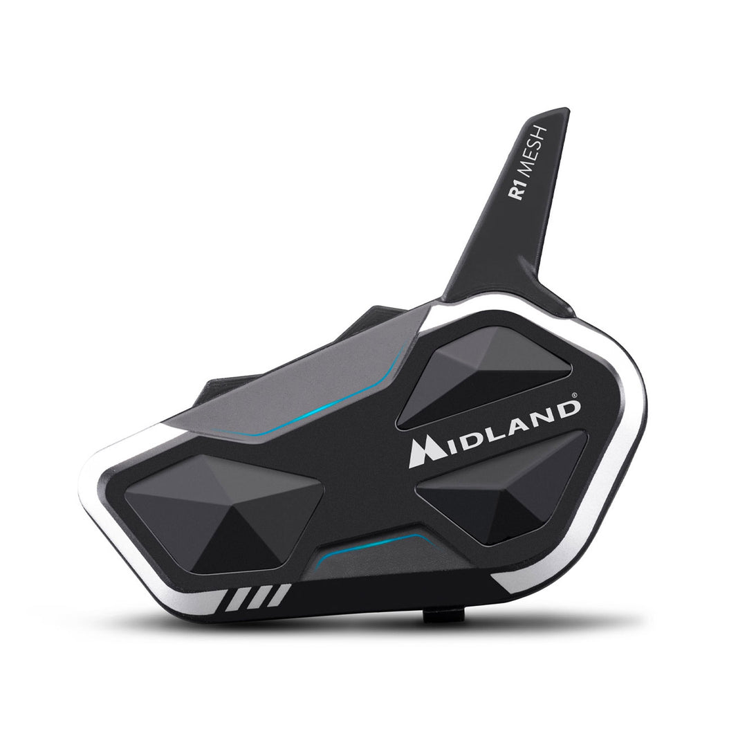 Motodrift Midland R1 Mesh helmet intercom in black with white accents and intuitive control buttons