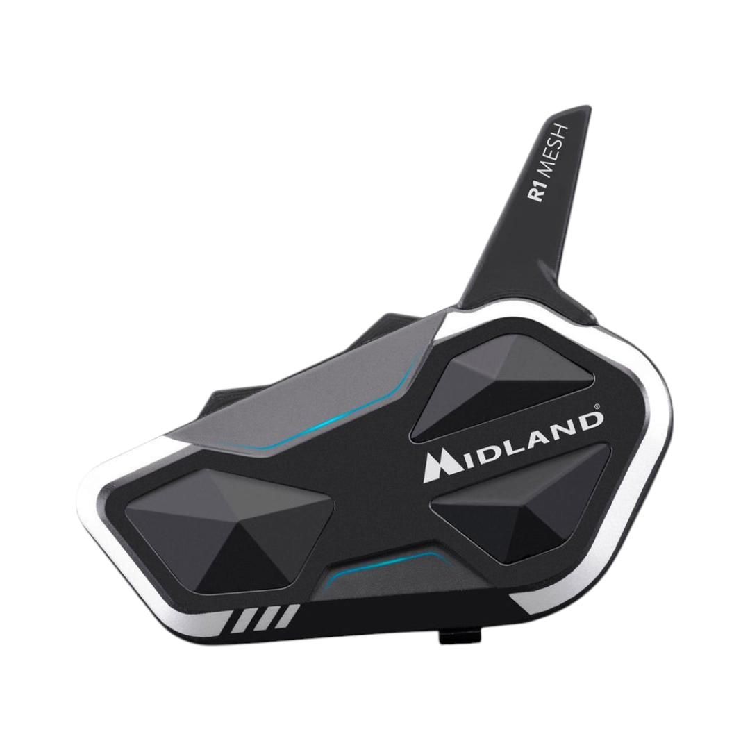 Motodrift Midland R1 Mesh helmet intercom in black with white accents and intuitive control buttons