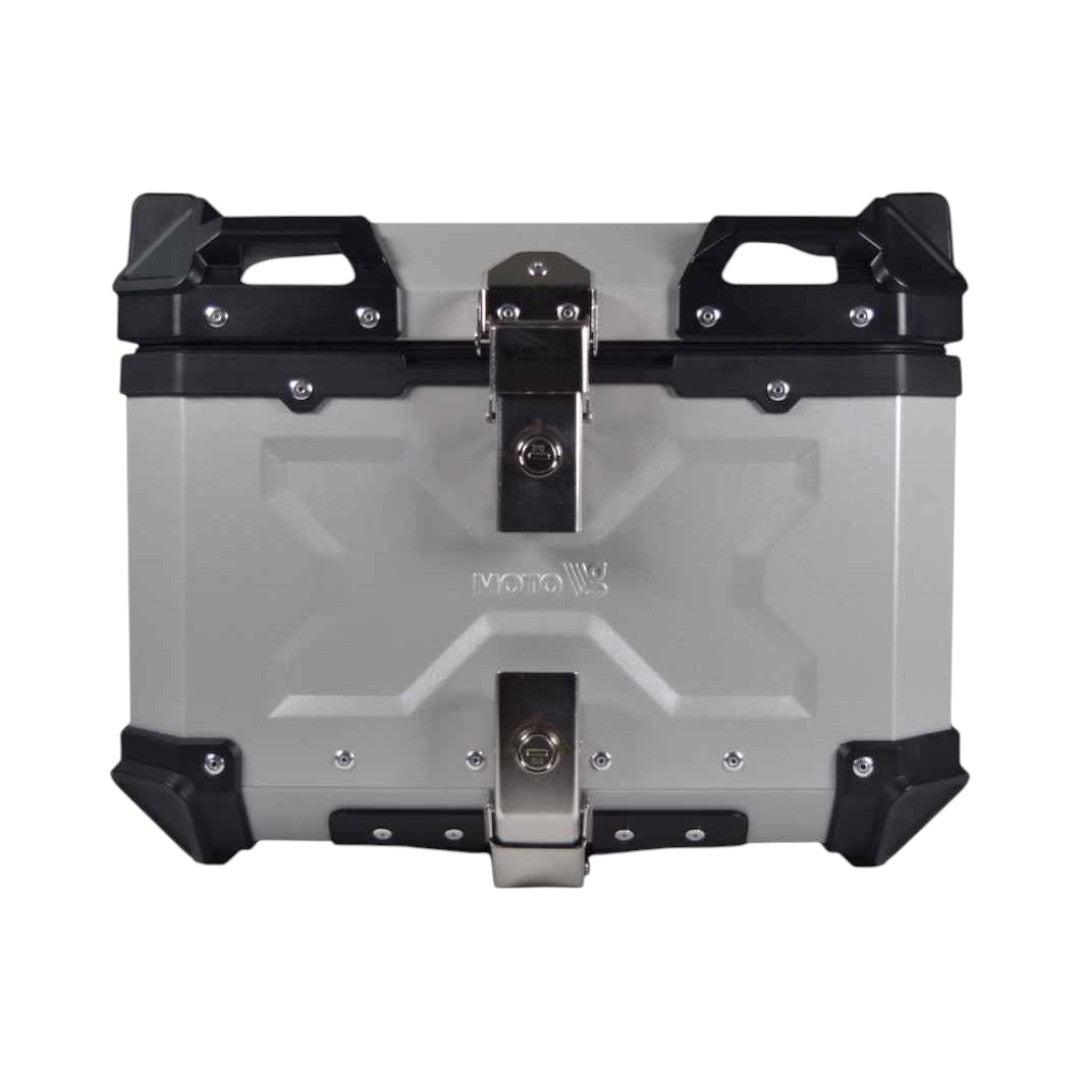 Motodrift Moto Vanguard 45L aluminium motorcycle top box with reinforced black corner guards and secure locking system.