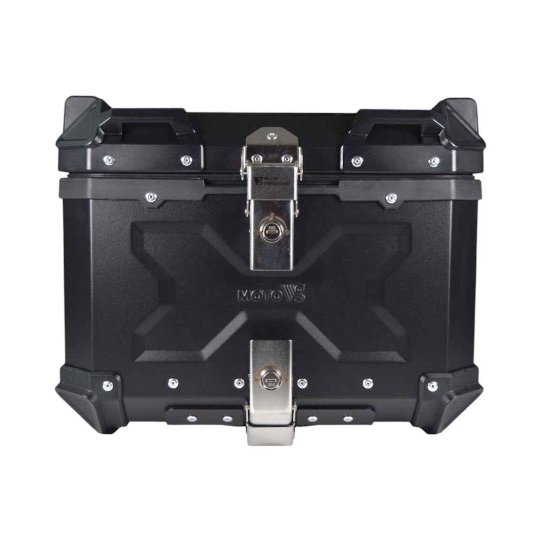 Motodrift Moto Vanguard 45L black aluminium motorcycle top box with reinforced corners and secure locking system