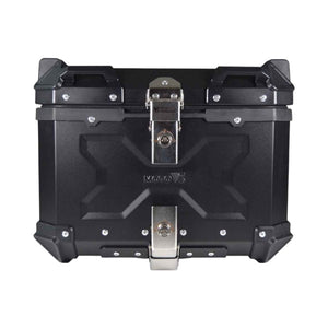 Motodrift Moto Vanguard 45L black aluminium motorcycle top box with reinforced corners and secure locking system