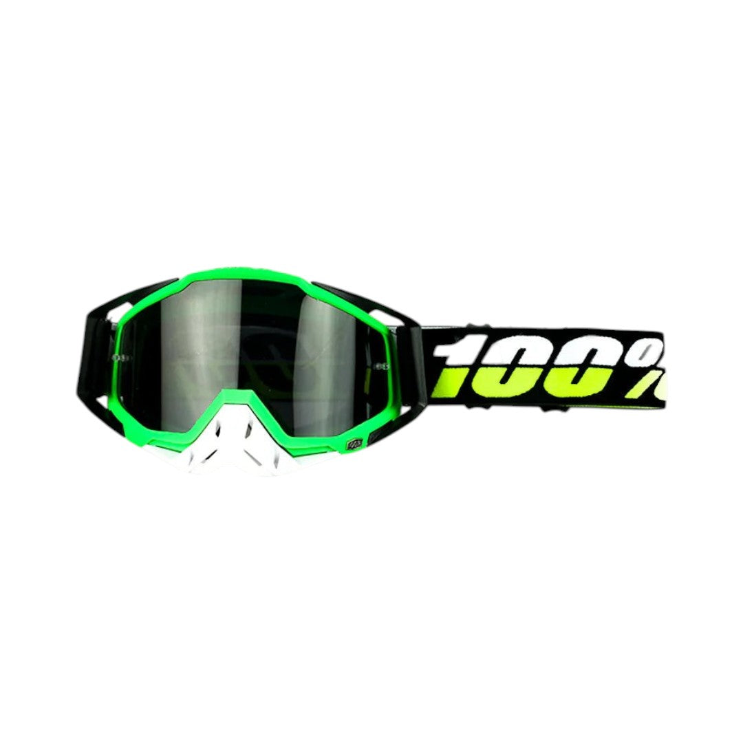 Motodrift 100% motocross goggles featuring a bright green frame, dark tinted lens, and branded black adjustable strap.
