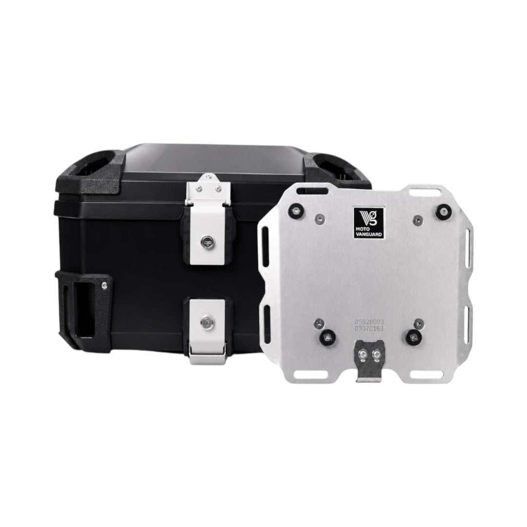 Motodrift MotoVanguard 50L black ABS motorcycle top box with stainless steel mounting plate and locking hardware