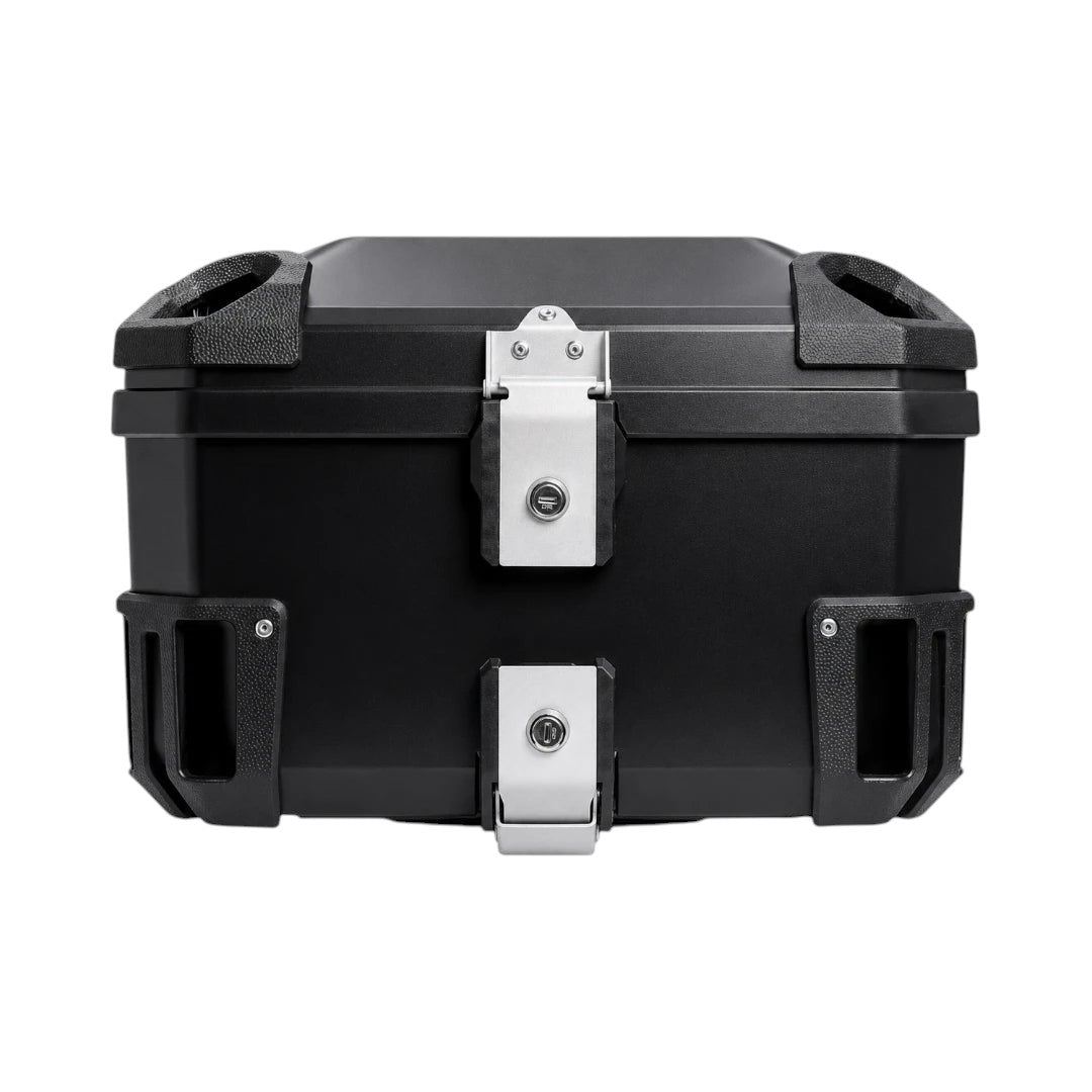 Motodrift MotoVanguard 50L black ABS motorcycle top box with stainless steel locking latches, front view