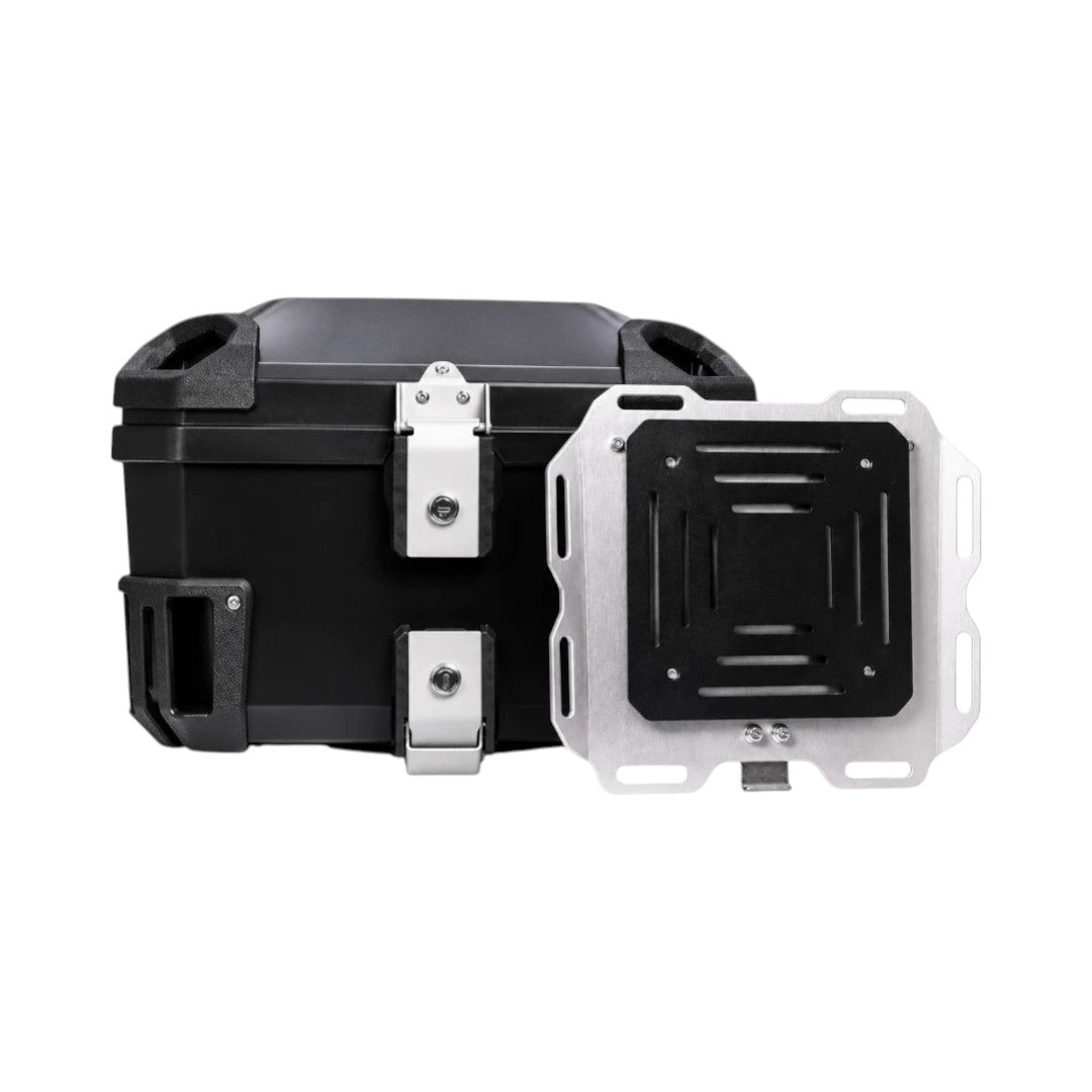 Motodrift MotoVanguard 50L black ABS motorcycle top box with stainless steel locking mechanism and mounting plate