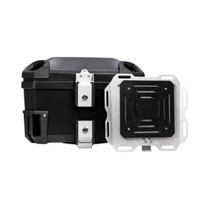 Motodrift MotoVanguard 50L black ABS motorcycle top box with stainless steel locking mechanism and mounting plate