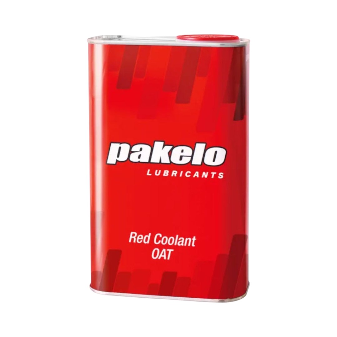 Motodrift Pakelo Red Coolant OAT 50 in a rectangular metal container for motorcycle and automotive cooling systems