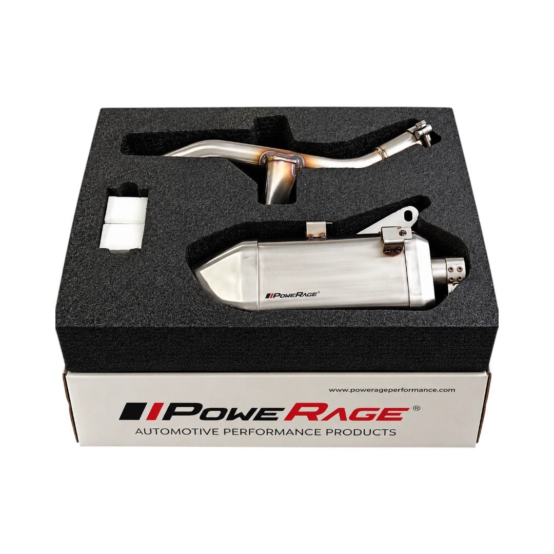 Powerage brushed steel slip-on exhaust for Royal Enfield Himalayan 450 in protective foam packaging