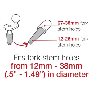 Motodrift RAM fork stem mount hardware pack showing compatibility for 12mm to 38mm motorcycle fork stem holes.