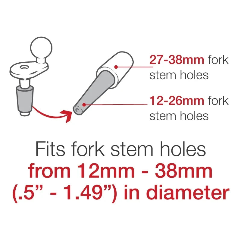 Motodrift RAM fork stem mount hardware pack showing compatibility for 12mm to 38mm motorcycle fork stem holes.