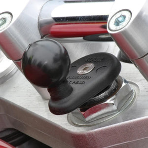 Motodrift RAM fork stem mount hardware pack with black rubber expansion plug installed on a motorcycle fork stem