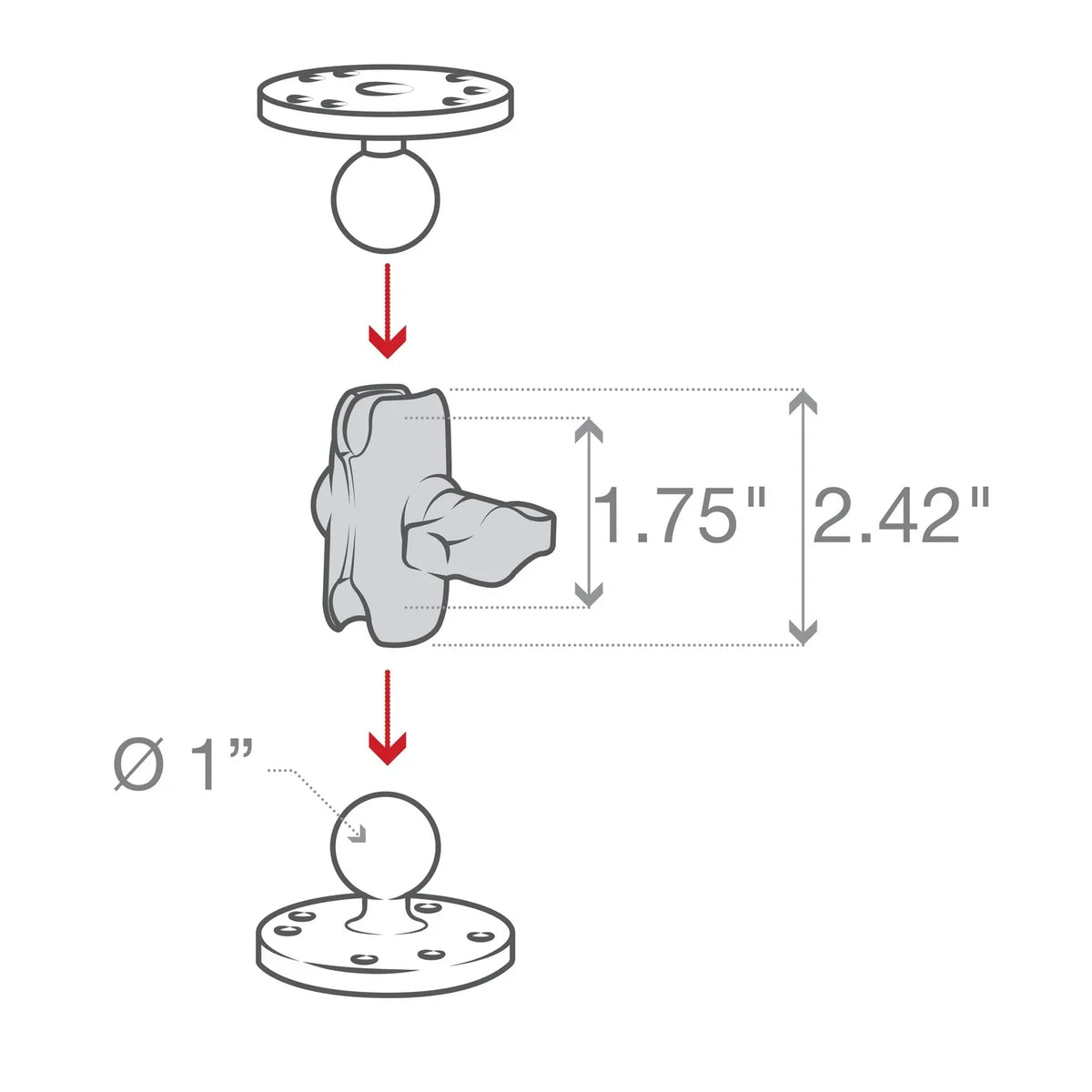 Motodrift technical diagram showing a short RAM double socket arm connecting two 1-inch B size ball mount bases.
