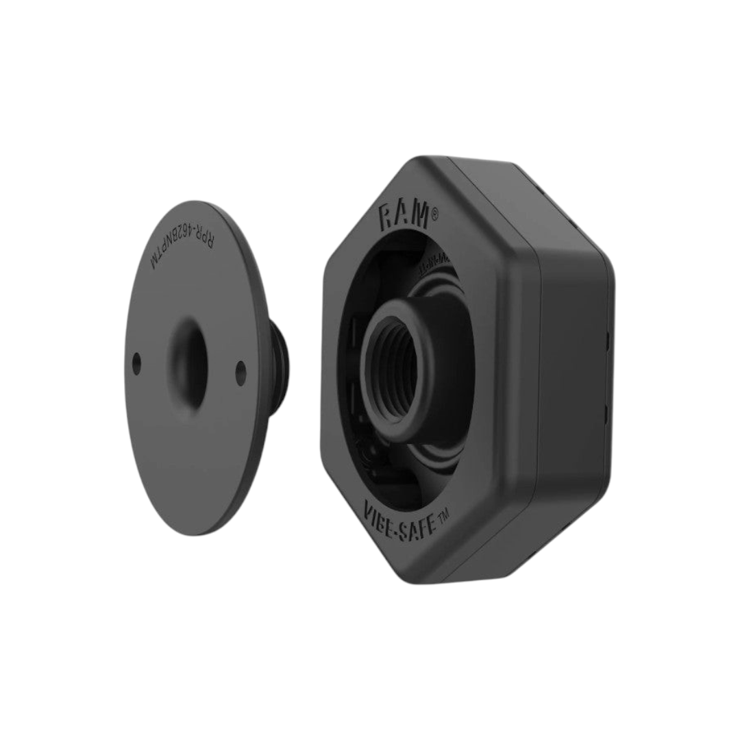 Motodrift RAM Vibe-Safe vibration dampener with NPT adapter for 2-hole holders in black high-strength composite