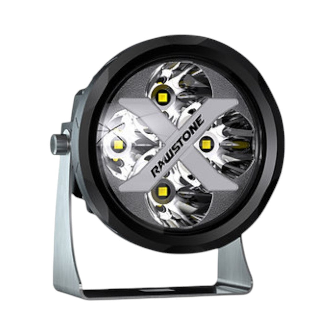 Motodrift Raw Stone Regulus 40 LED driving light with black aluminium housing and X-shaped reflector design