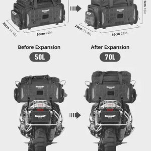 Motodrift Rhinowalk expandable black motorcycle tail bag showing 50L to 70L capacity dimensions and mounting view