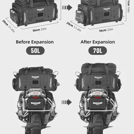 Motodrift Rhinowalk expandable black motorcycle tail bag showing 50L to 70L capacity dimensions and mounting view