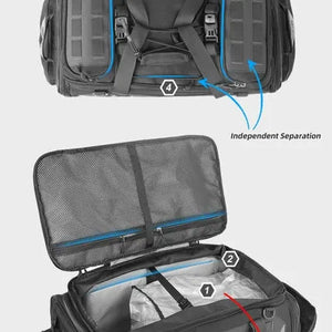 Motodrift Rhinowalk motorcycle tail bag showing internal mesh compartments and independent storage sections