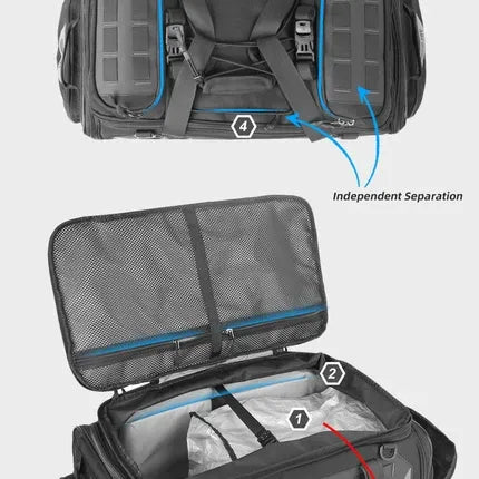 Motodrift Rhinowalk motorcycle tail bag showing internal mesh compartments and independent storage sections