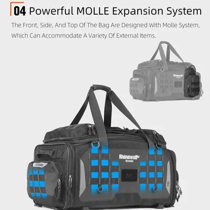 Motodrift Rhinowalk 50L motorcycle tail bag in black featuring a durable MOLLE expansion system for external gear