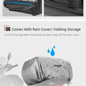 Motodrift Rhinowalk motorcycle tail bag featuring a waterproof grey rain cover for secure all-weather storage