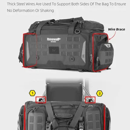 Motodrift Rhinowalk 50L motorcycle tail bag with internal steel wire bracing for structural support and stability.