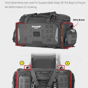 Motodrift Rhinowalk 50L motorcycle tail bag with internal steel wire bracing for structural support and stability.