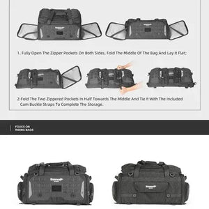 Motodrift Rhinowalk 50L motorcycle tail seat bag showing folding instructions and storage configuration