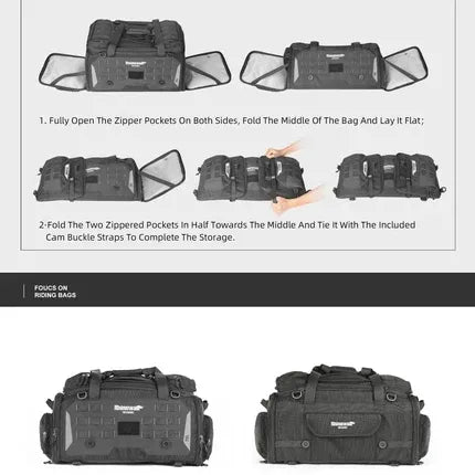 Motodrift Rhinowalk 50L motorcycle tail seat bag showing folding instructions and storage configuration