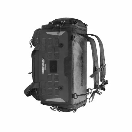 Motodrift Rhinowalk 50L black motorcycle tail seat bag with durable straps and expandable design for touring gear.