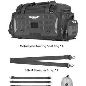 Motodrift Rhinowalk 50L black motorcycle tail seat bag with shoulder strap and mounting accessories for touring