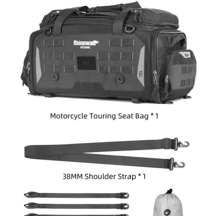 Motodrift Rhinowalk 50L black motorcycle tail seat bag with shoulder strap and mounting accessories for touring