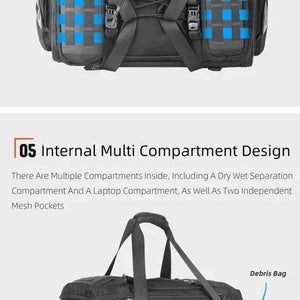 Motodrift Rhinowalk 50L motorcycle tail bag featuring internal multi-compartment design with dry-wet separation.