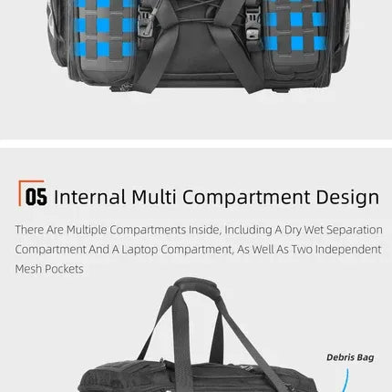 Motodrift Rhinowalk 50L motorcycle tail bag featuring internal multi-compartment design with dry-wet separation.