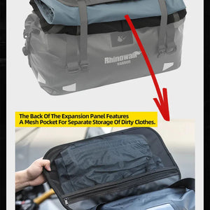 Motodrift Rhinowalk Warrior waterproof motorcycle duffel bag showing the interior mesh pocket for dirty clothes.