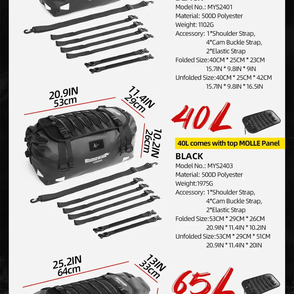 Motodrift Rhinowalk Warrior Series X 40L black waterproof motorcycle roll-top duffel bag with straps and dimensions.