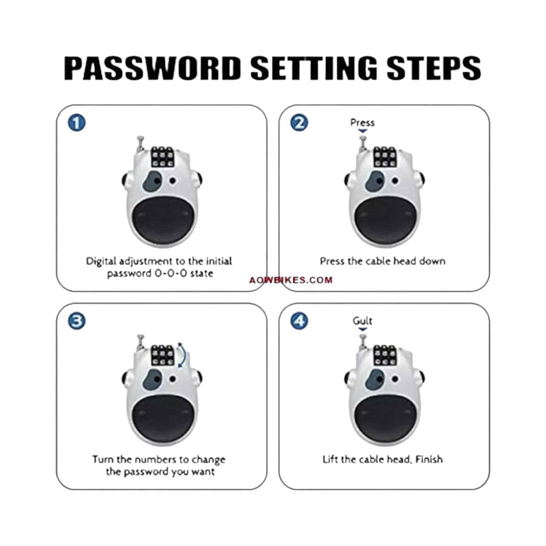 Motodrift Ridex 3-digit anti-theft helmet lock showing four-step password setting instructions in a diagram
