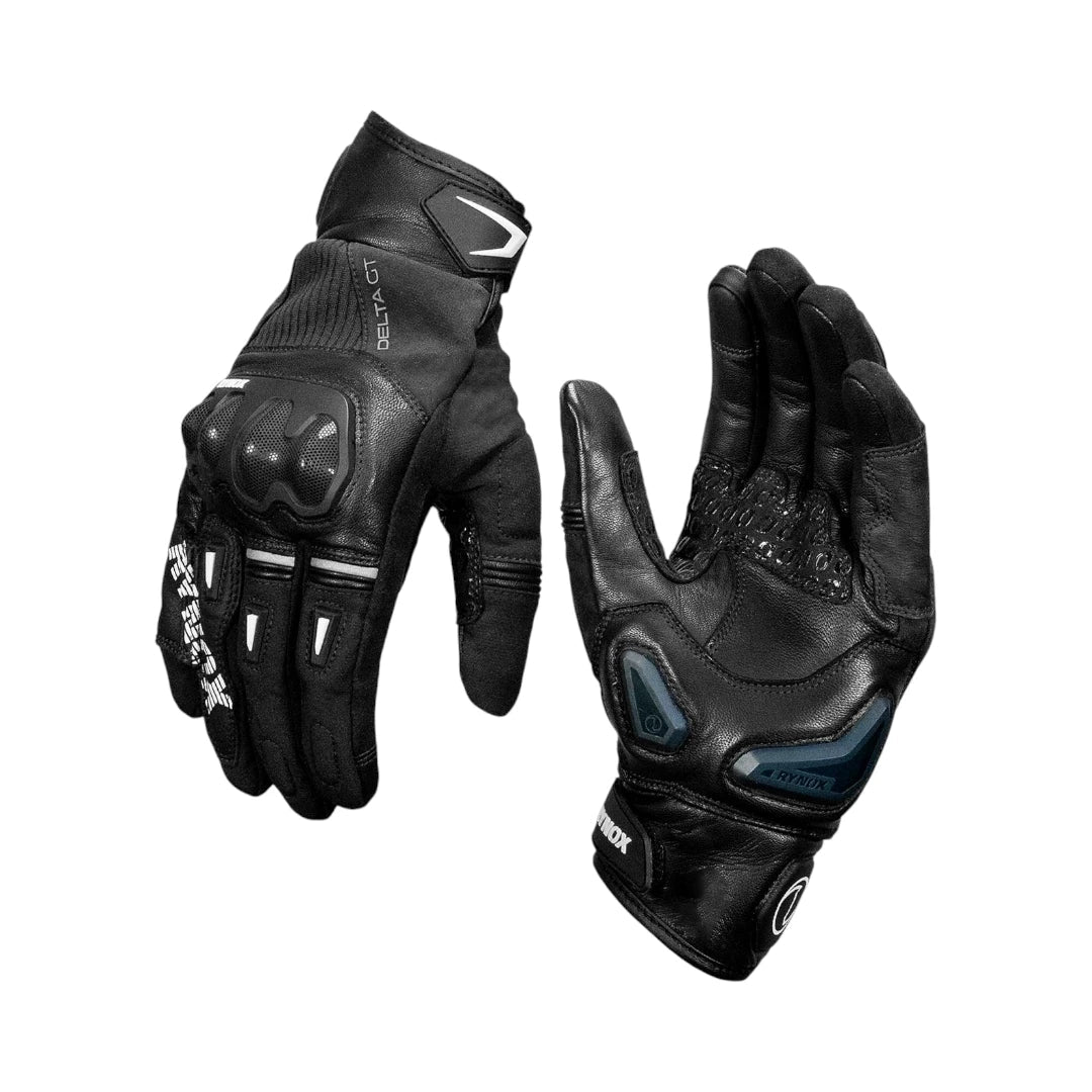 Motodrift Rynox Delta GT black leather motorcycle riding gloves with TPU knuckle protection and palm sliders.