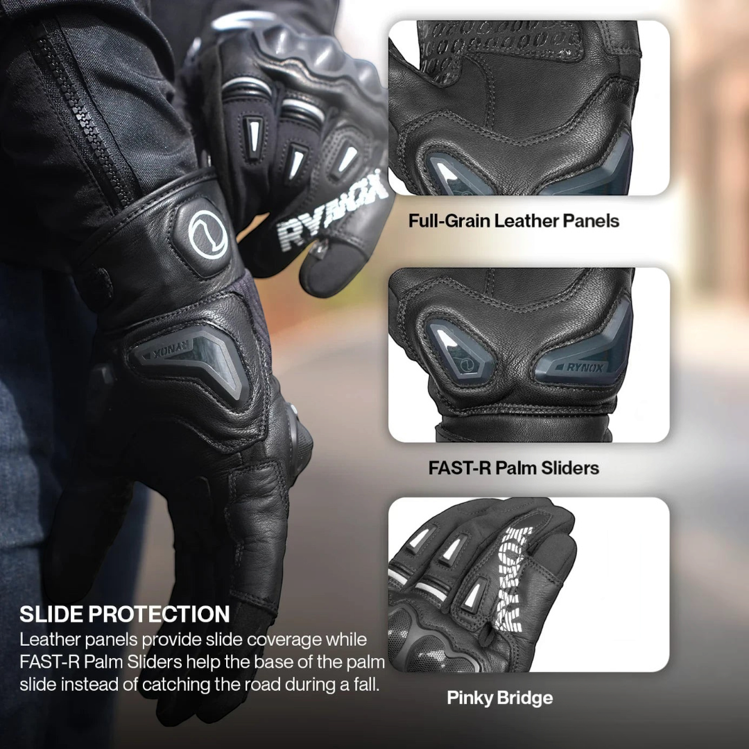 Motodrift Rynox Delta GT black leather motorcycle riding gloves with TPU knuckle protectors and FAST-R palm sliders.