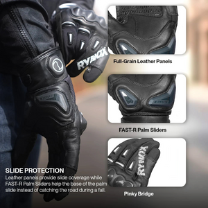 Motodrift Rynox Delta GT black leather motorcycle riding gloves with TPU knuckle protectors and FAST-R palm sliders.