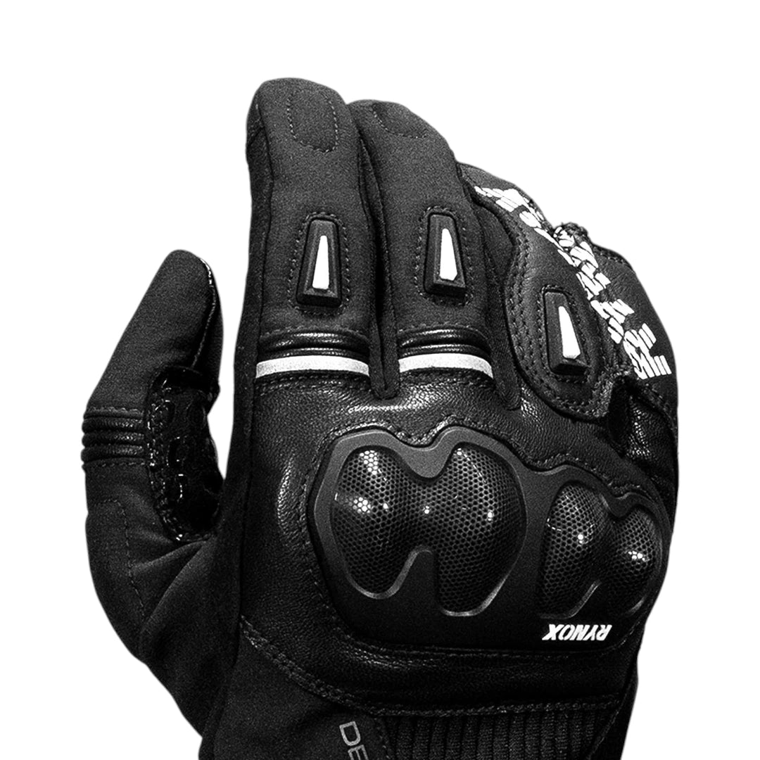 Motodrift Rynox Delta GT black leather motorcycle riding gloves with TPU knuckle protection and semi-gauntlet design